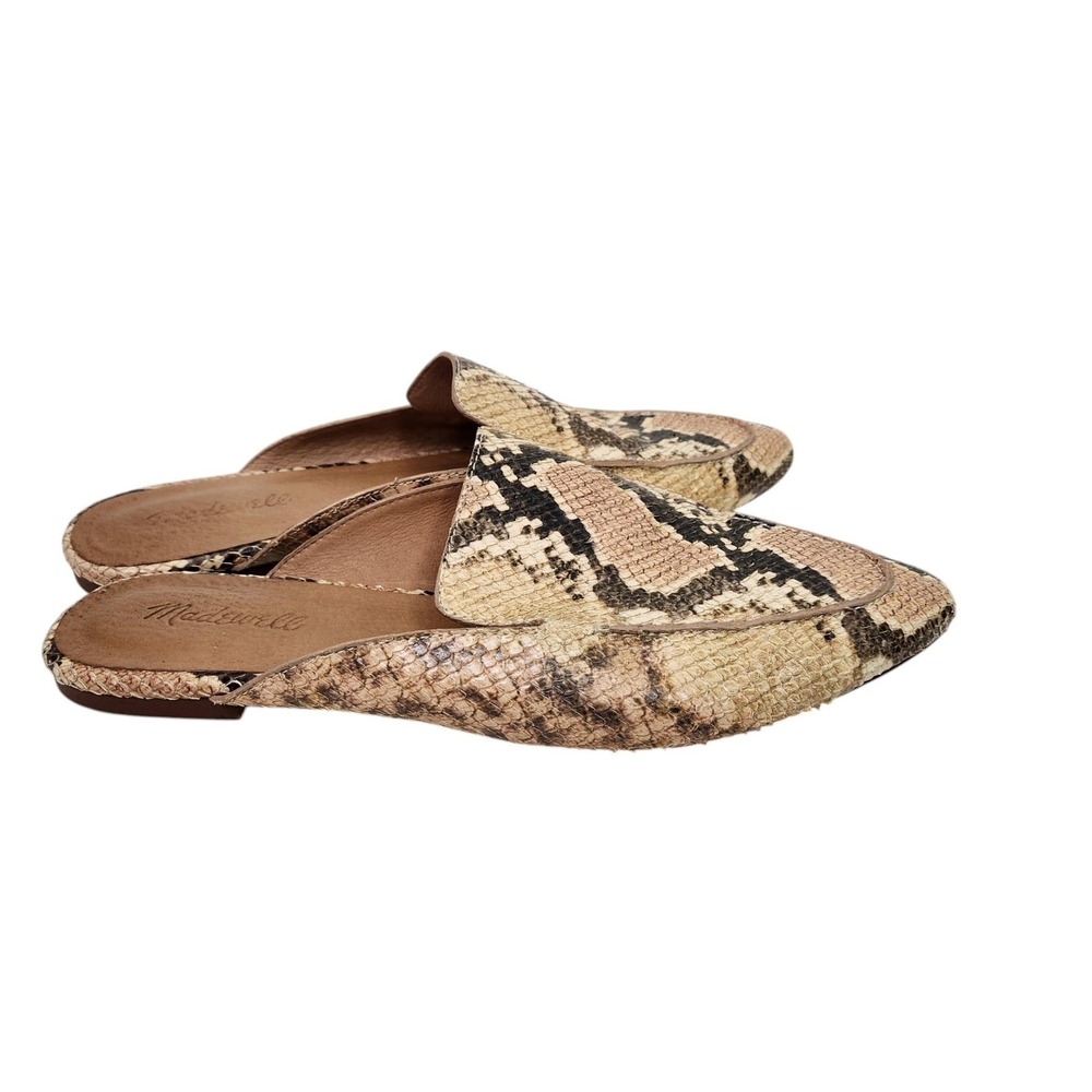 MADEWELL Snake Print Slide Shoes Womens 10 Beige Leather Pointed Toe Mules